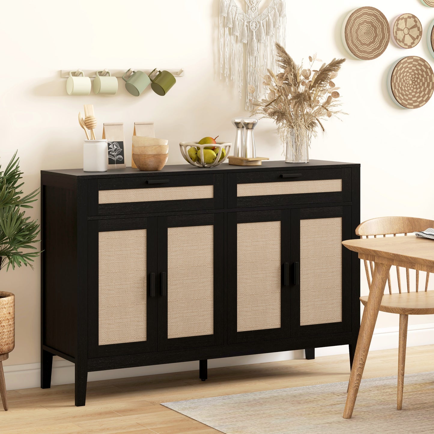 Kitchen Sideboard Cabinet, Boho Buffet Table with Decorative Rattan Doors and Drawers for Dining Room, Black Storage Cabinets   at Gallery Canada