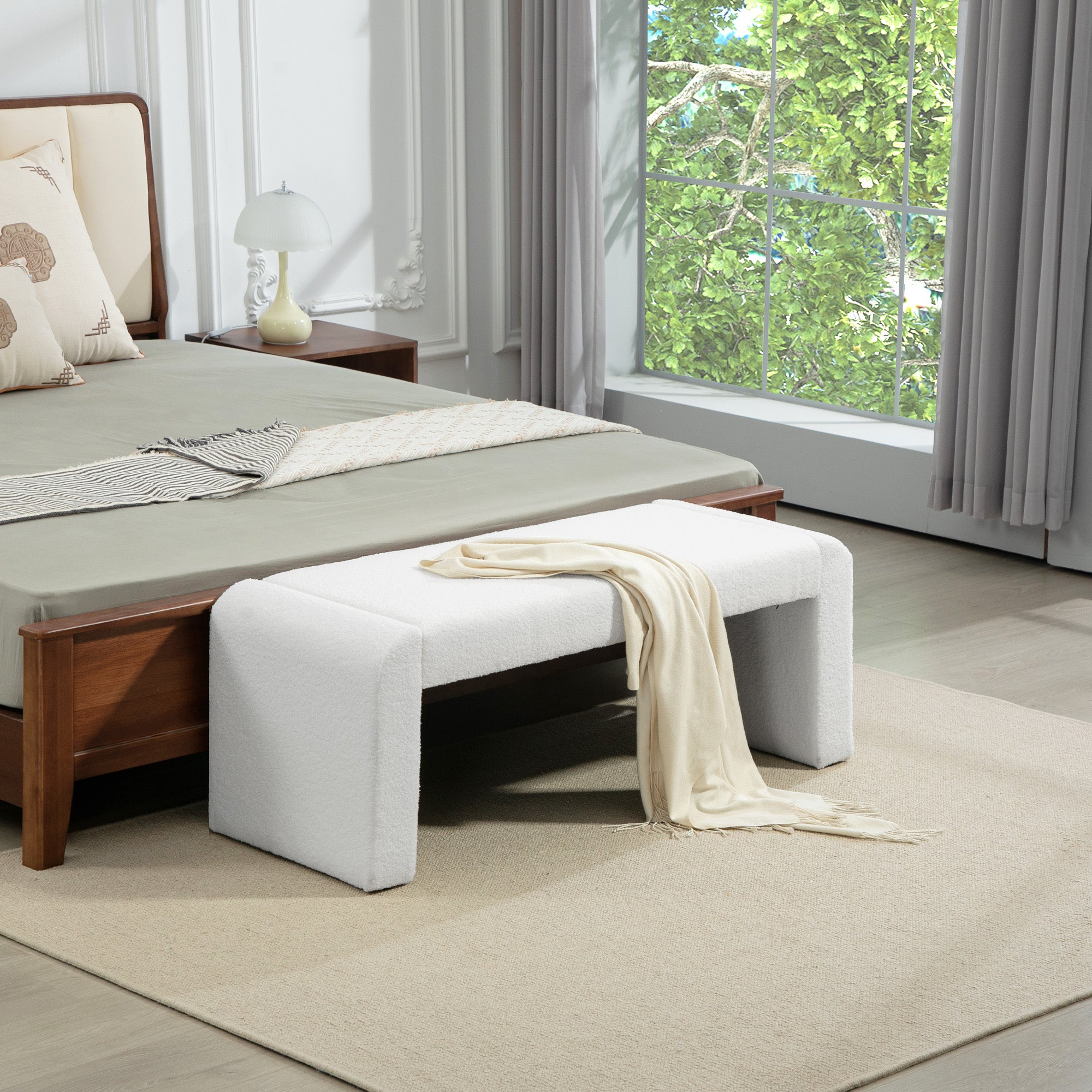 Upholstered Bedroom Bench, Boucle End of Bed Bench, Modern U-Shaped Entryway Bench, 47 x 18 x 18 Inches, White Storage Ottomans & Benches at Gallery Canada
