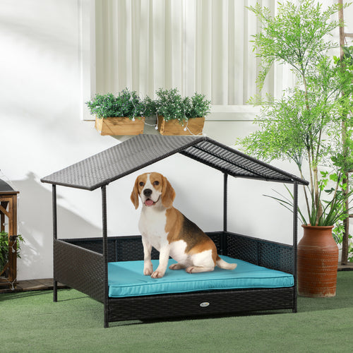 Outdoor Dog House Wicker Dog Bed with Soft Cushion Washable Cover, for Medium Large Dogs Indoor Outdoor, Blue