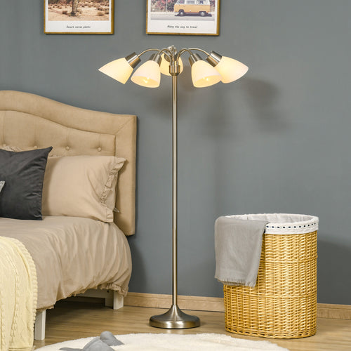 Arc Tree Floor Lamp with 5 Adjustable Rotating Lights, Modern Standing Gooseneck Reading Light for Living Room Bedroom Office, Satin Nickel