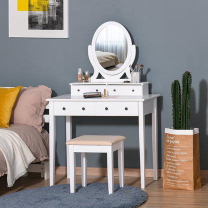 Vanity Dressing Table with 360° Rotating Mirror and Cushioned Stool, Makeup Desk Dresser with 4 Drawers, White Dressing & Vanity Tables   at Gallery Canada