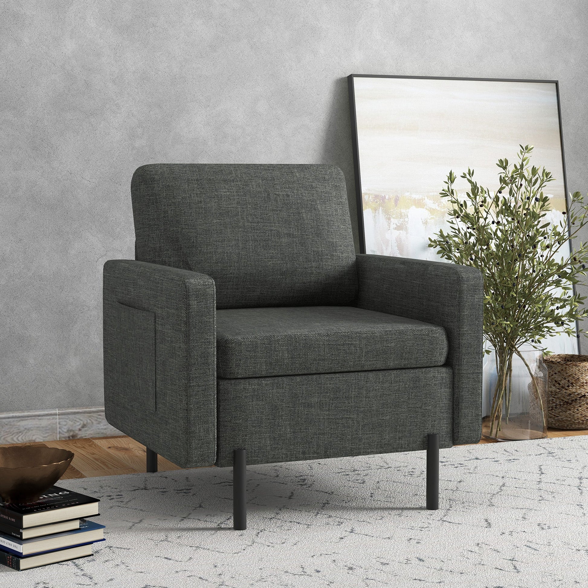 Armchair, Fabric Accent Chair, Modern Living Room Chair with Metal Legs, 2 Side Pockets for Bedroom, Grey Accent Chairs   at Gallery Canada