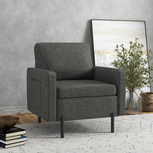 Armchair, Fabric Accent Chair, Modern Living Room Chair with Metal Legs, 2 Side Pockets for Bedroom, Grey