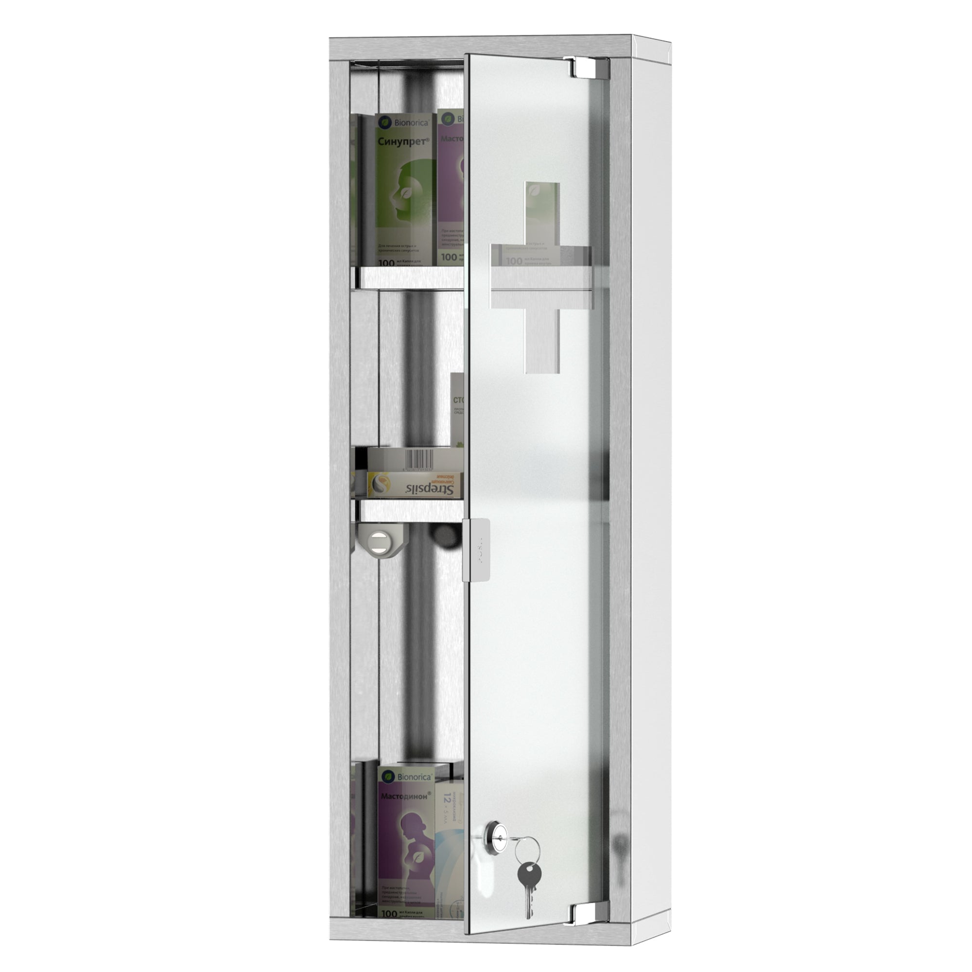 Wall Mount Medicine Cabinet, Bathroom Cabinet with 3 Tier Shelves, Stainless Steel Frame and Glass Door, Lockable with 2 Keys, Silver, 8