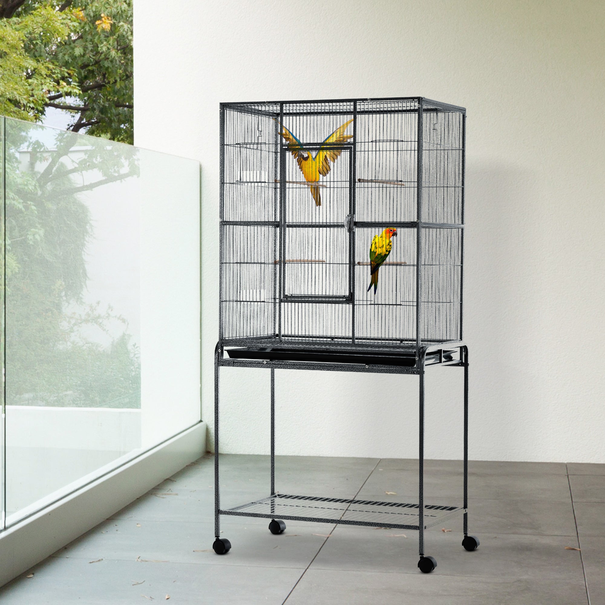 30'' Large Rolling Metal Bird Cage Bird House with Detachable Rolling Stand, Storage Shelf, Wood Perch Food Container - Black Bird Cages at Gallery Canada