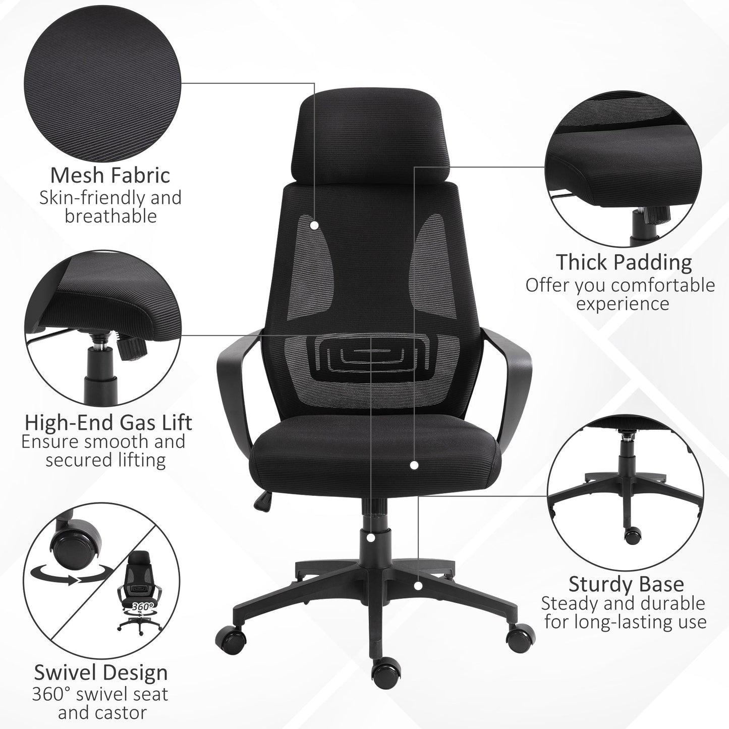 Breathable Office Chair with 2D Adjustable Headrest, Arm, Wheel, Mesh High Back Desk Chair, Black Task Chairs   at Gallery Canada