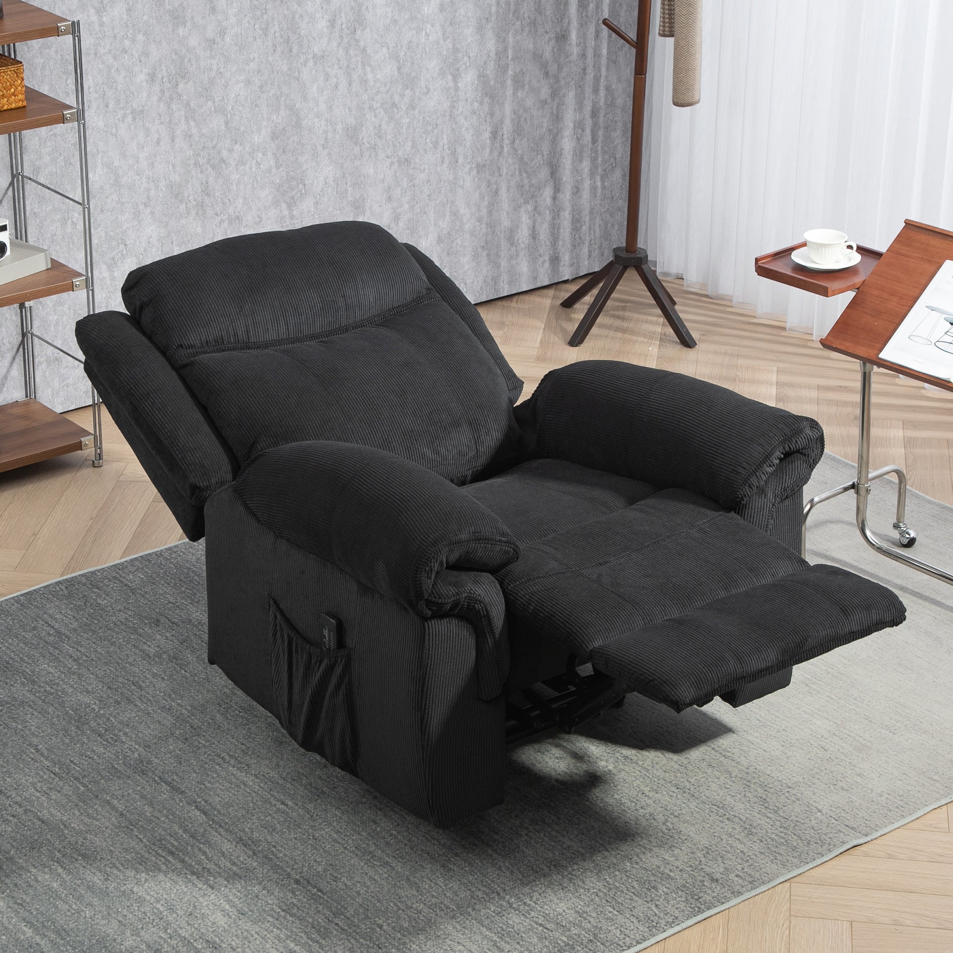 Manual Recliner Chair with Vibration Massage, Side Pockets, Corduroy Reclining Chair for Living Room, Black Sofas & Reclining Chairs at Gallery Canada