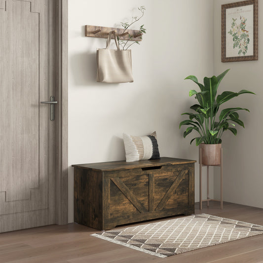 39.4 Inches Storage Chest, Storage Trunk with 2 Safety Hinges, Wooden Toy Box for Living Room, Brown Wood Grain Storage Cabinets   at Gallery Canada