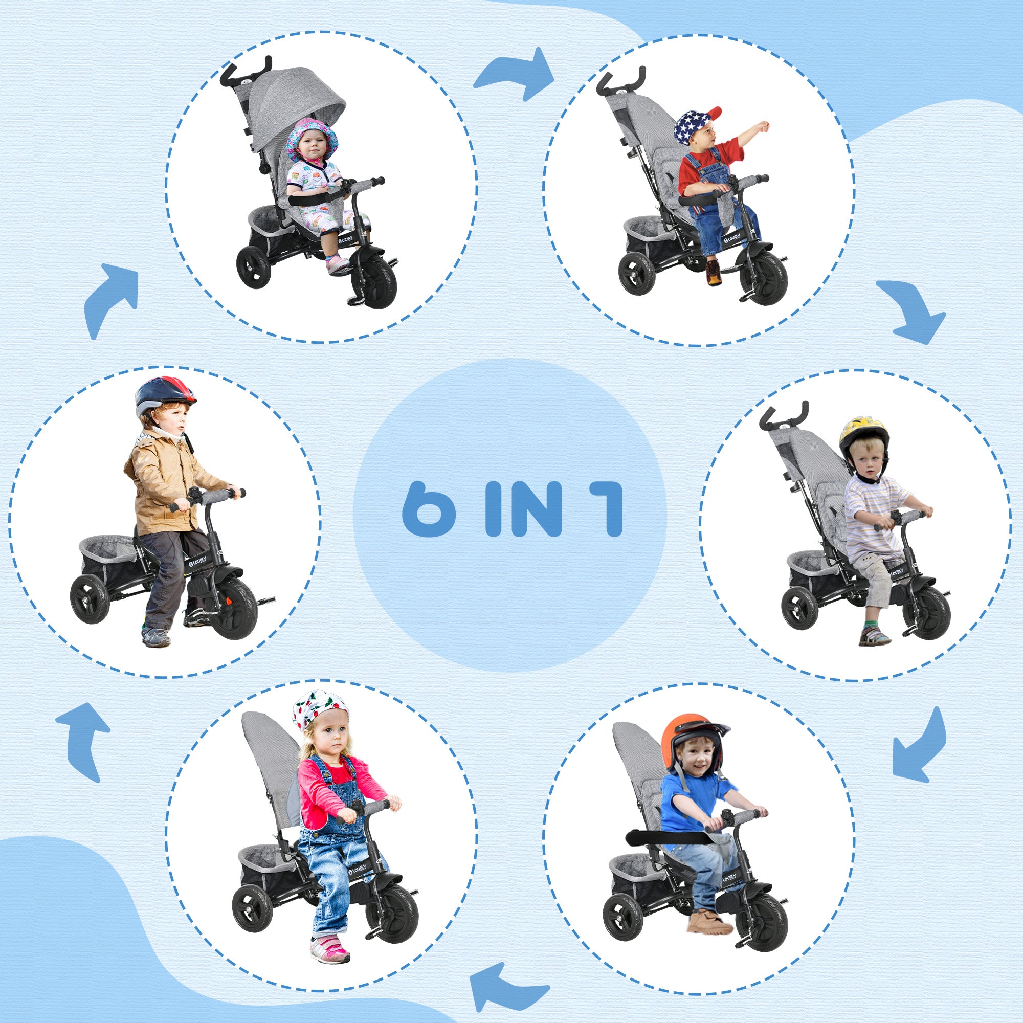 6 in 1 Tricycle for Toddler 1-5 Years with Parent-Push Handle, Grey Tricycles for Kids at Gallery Canada