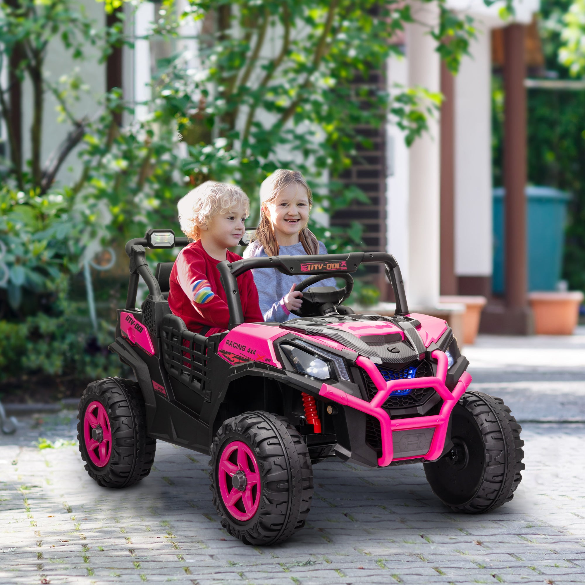 2 Seater 24V Electric Car for Kids w/ Remote Control, 3 Speed, LED Lights, Music, Horn, Spring Suspension, Pink Electric Toy Cars   at Gallery Canada