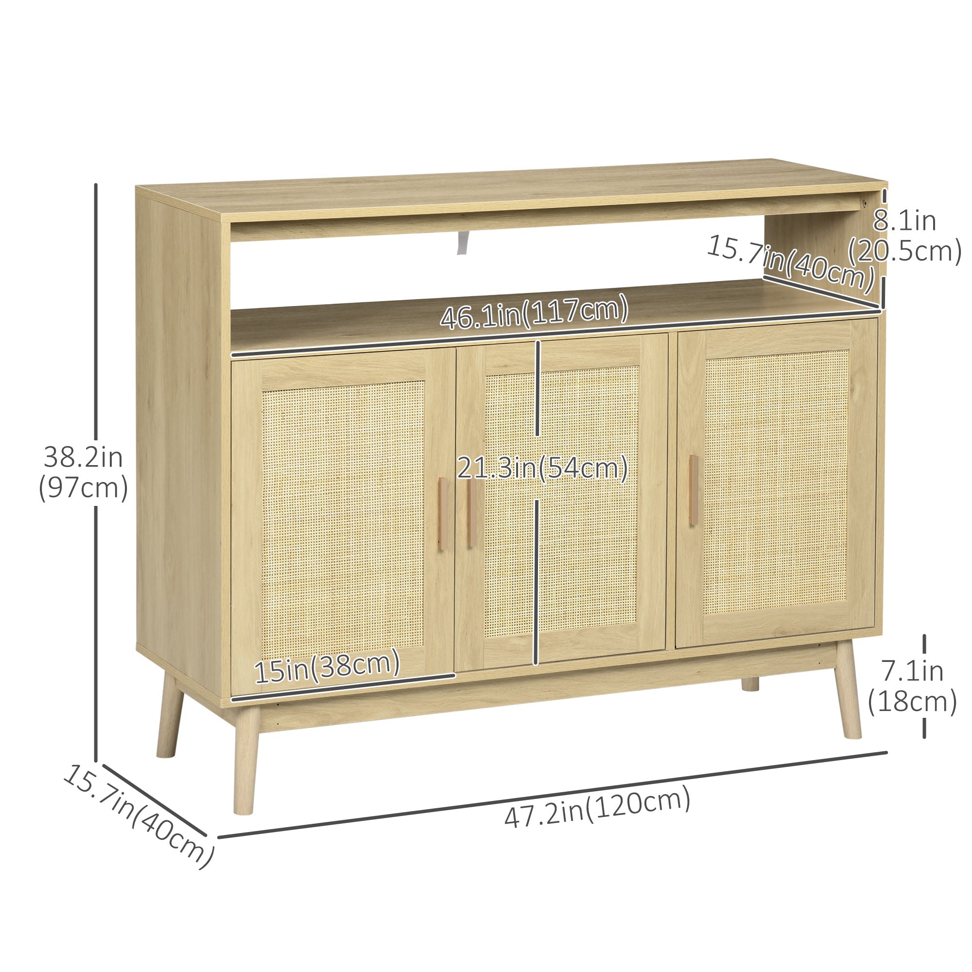 Accent Sideboards, Kitchen Storage Cabinet with 3 Rattan Doors, Adjustable Shelves for Living Room, Hallway Bar Cabinets   at Gallery Canada