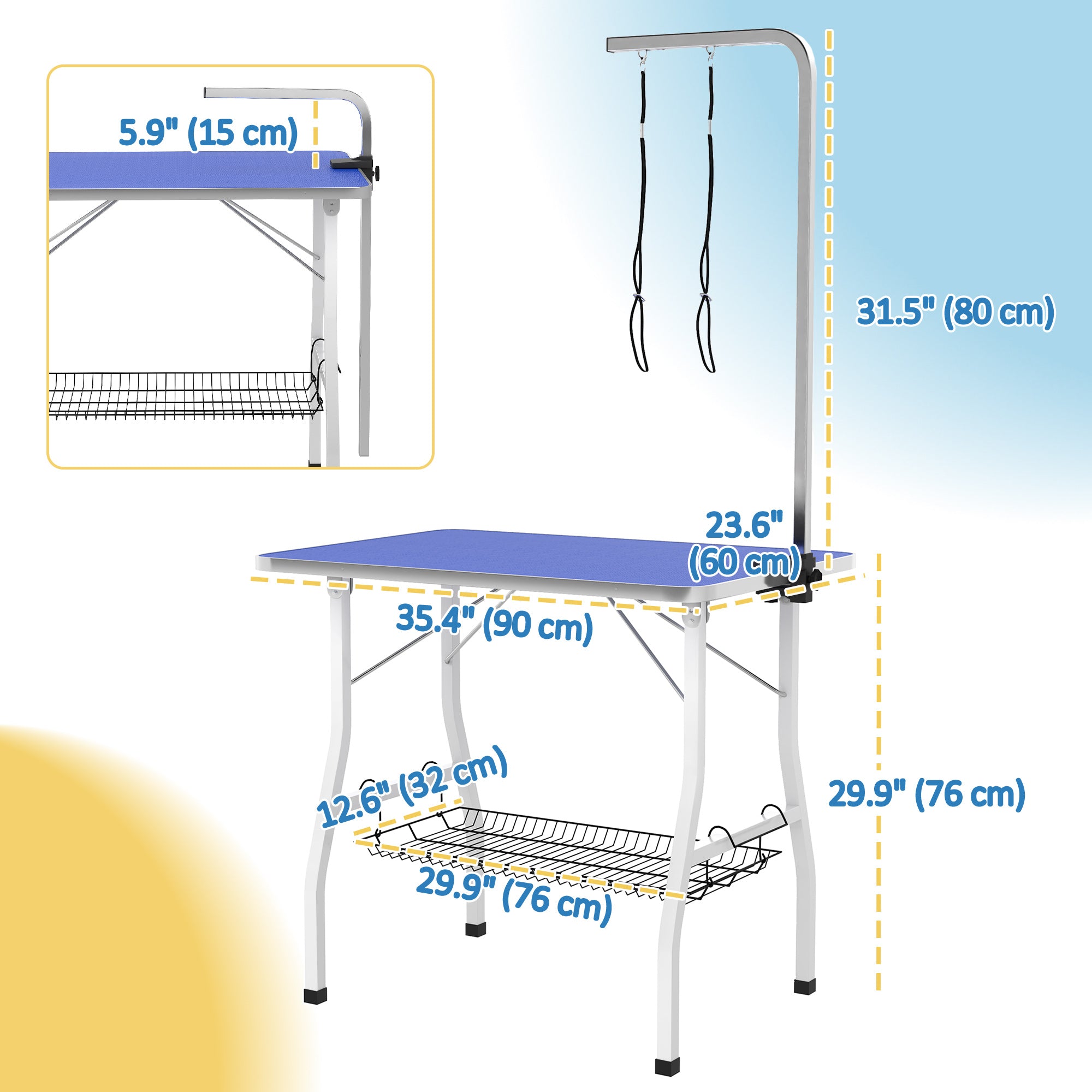 Dog Grooming Table w/ Adjustable Arm, Mesh Tray, Two Nooses, Rubber Surface, 35