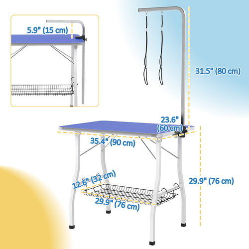 Dog Grooming Table w/ Adjustable Arm, Mesh Tray, Two Nooses, Rubber Surface, 35