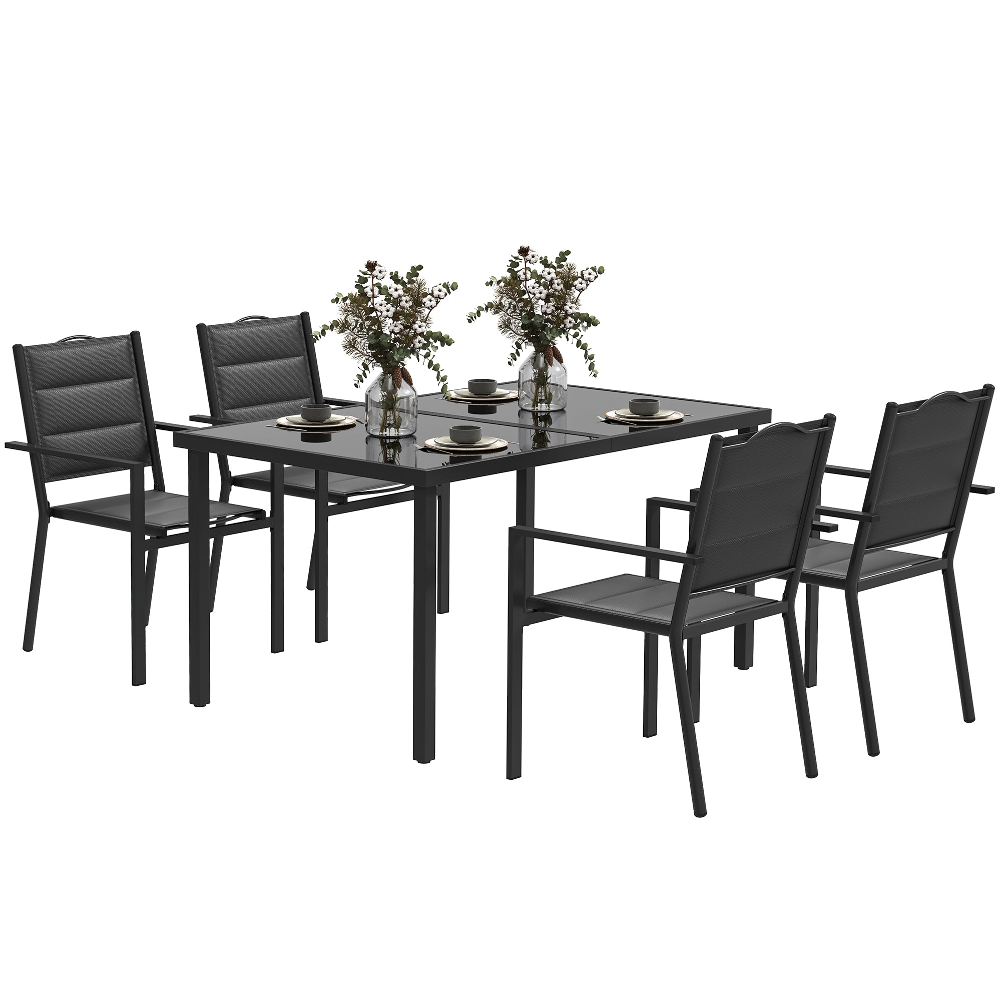 5 Piece Outdoor Dining Set w/ 4 Stackable Chairs, Rectangle Table, Tempered Glass Top, Steel Frame, Black Outdoor Dining Sets at Gallery Canada