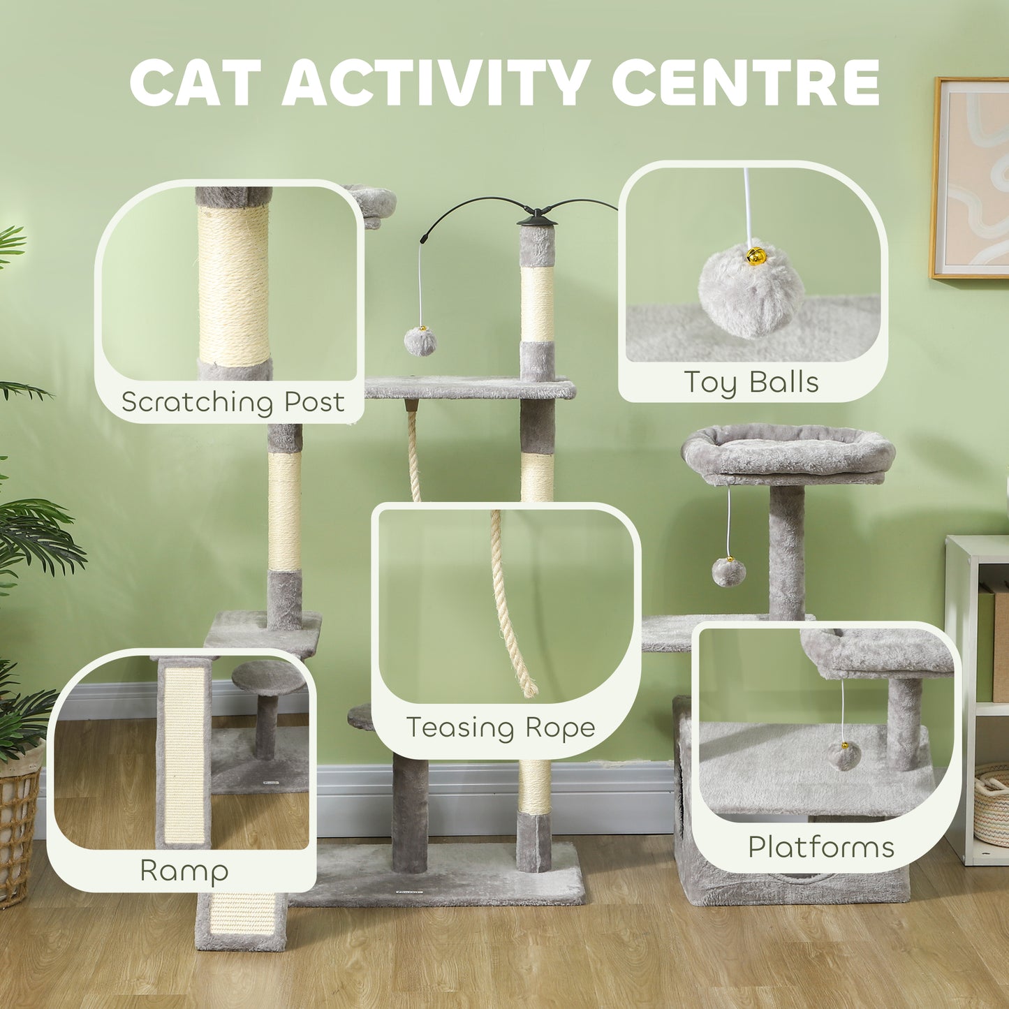 53" Cat Tree, Cat Tower with Scratching Posts, Cat Condo, Beds, Platforms, Toy Balls for Indoor Cats, Light Grey Cat Towers   at Gallery Canada