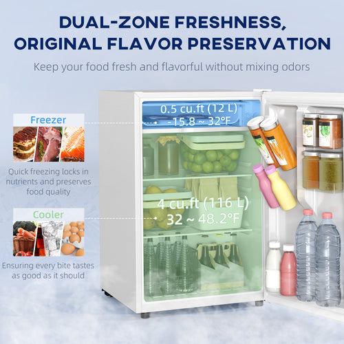 4.5 Cu Ft Mini Fridge with Freezer, Wheels, Single Door Refrigerator, Adjustable Thermostat, Reversible Door, White