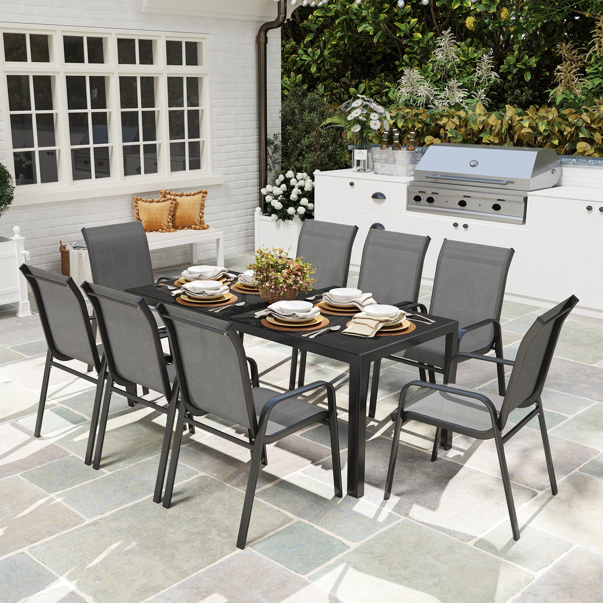 9 Pieces Patio Set with Stackable Chairs, Patio Dining Set with Glass Top for Garden, Patio, Backyard, Grey Outdoor Dining Sets Multi Colour at Gallery Canada