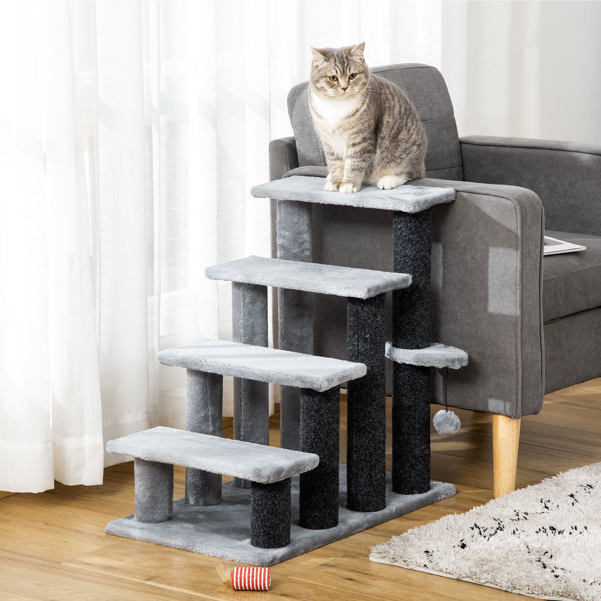 Cat Stairs for Bed, Couch 4 Steps, Small Cat Tree for Indoor Cats with Scratching Posts Toy Ball, Light Gray Cat Stairs   at Gallery Canada