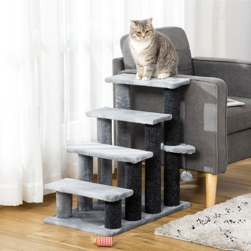 Cat Stairs for Bed, Couch 4 Steps, Small Cat Tree for Indoor Cats with Scratching Posts Toy Ball, Light Gray