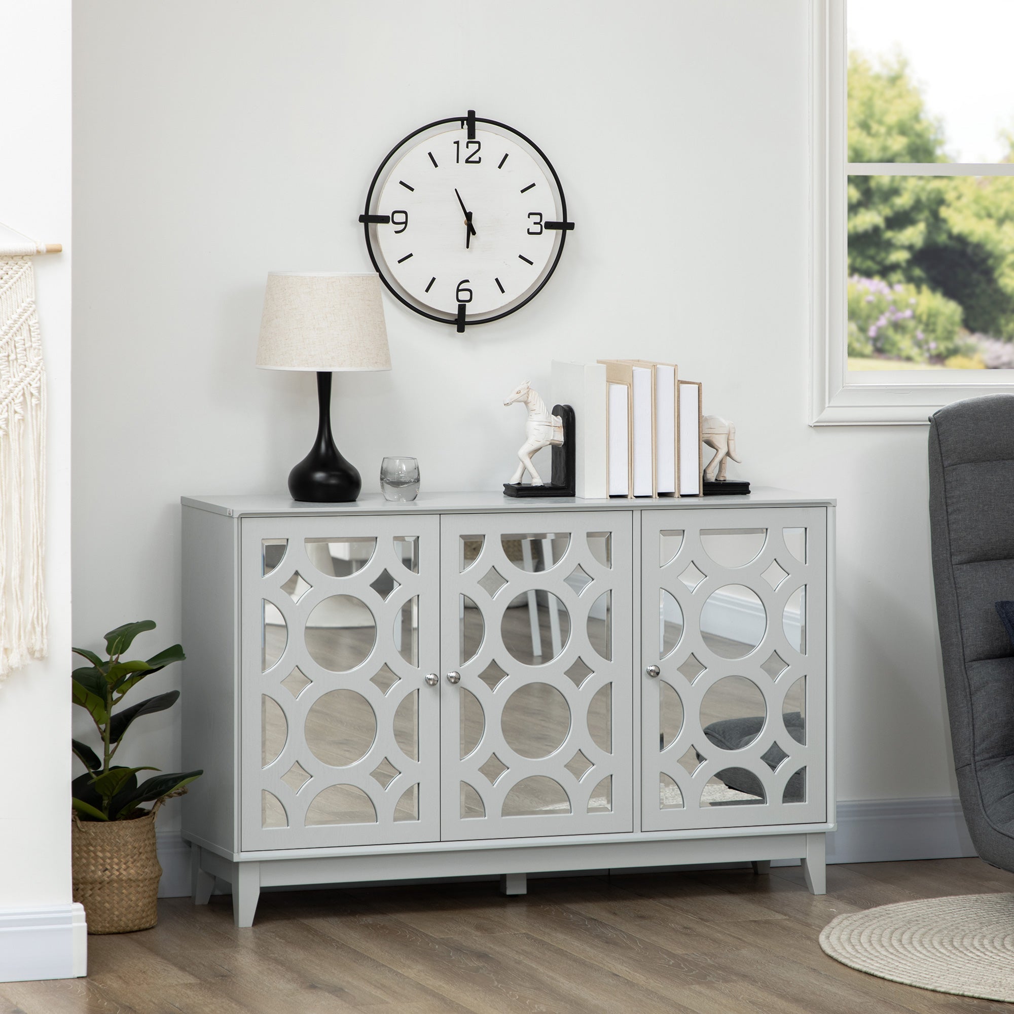 Sideboard Kitchen Buffet Table with 3 Mirrored Doors, 2 Cabinets and Adjustable Shelf, Gray Bar Cabinets   at Gallery Canada