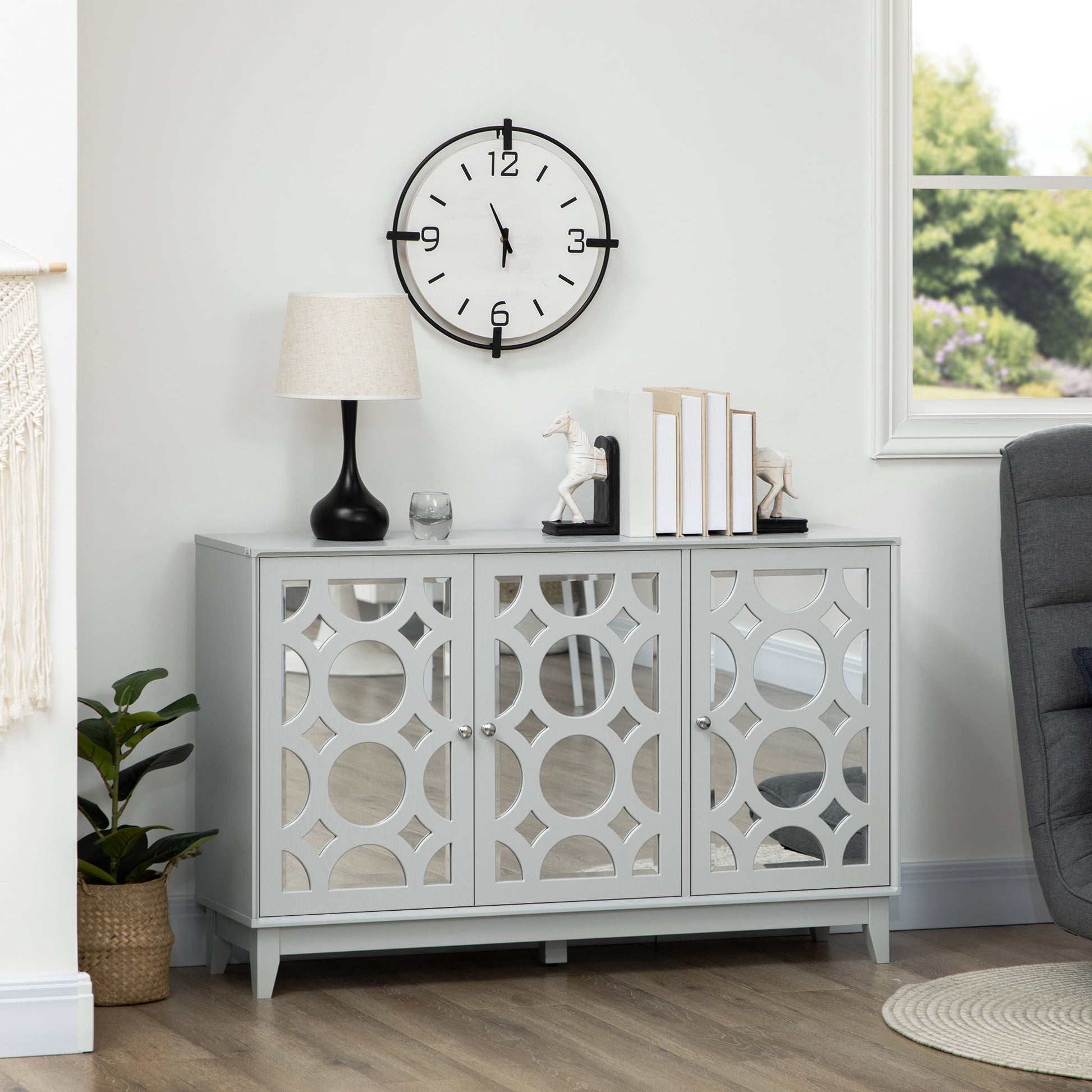 Sideboard Kitchen Buffet Table with 3 Mirrored Doors, 2 Cabinets and Adjustable Shelf, Gray Bar Cabinets   at Gallery Canada