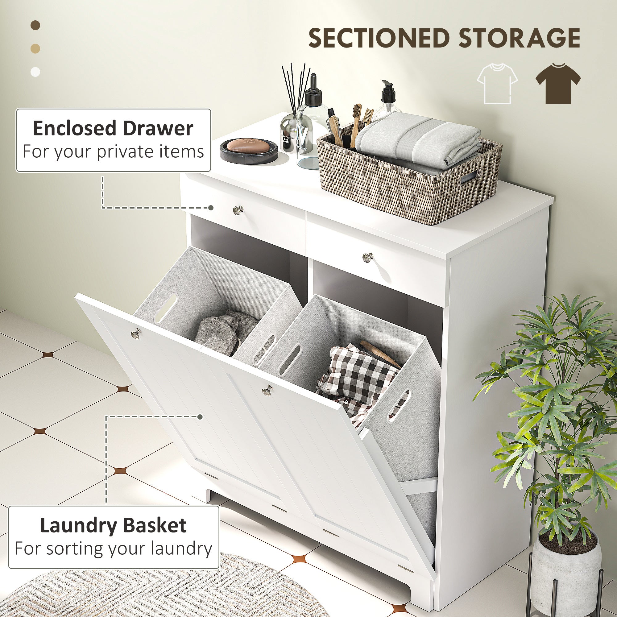 Laundry Cabinet, Tilt Out Laundry Hamper Cabinet with 2 Baskets, Bathroom Hamper Cabinet with 2 Drawers, White Bathroom Cabinets at Gallery Canada
