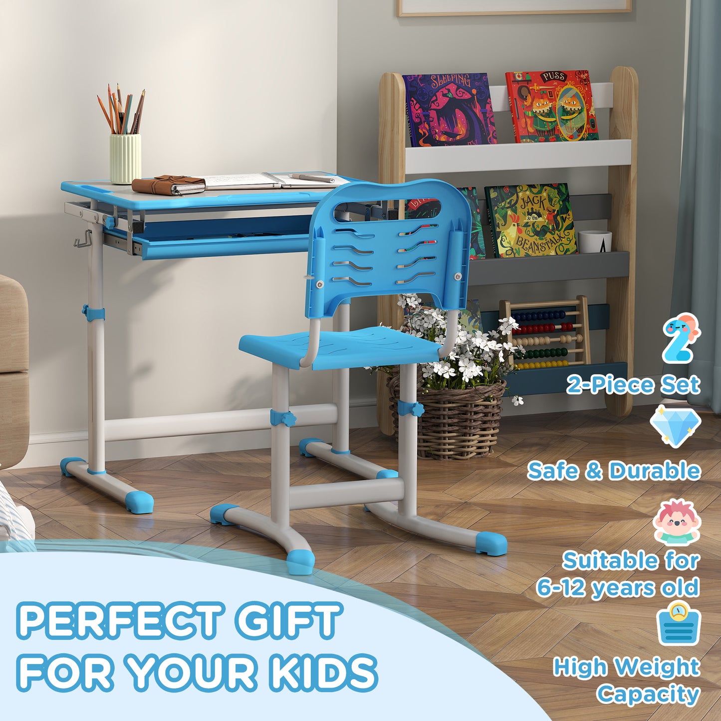 Height Adjustable Study Table and Chair Set with Drawer, Pen Slot, Tiltable Desktop, Hook, Blue Kids Desk Sets   at Gallery Canada