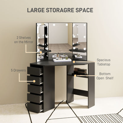 Makeup Vanity Desk with 3-Panel Mirror and 10 LED Lights, Dressing Table with 5 Drawers and Shelves for Bedroom, Black Dressing & Vanity Tables at Gallery Canada