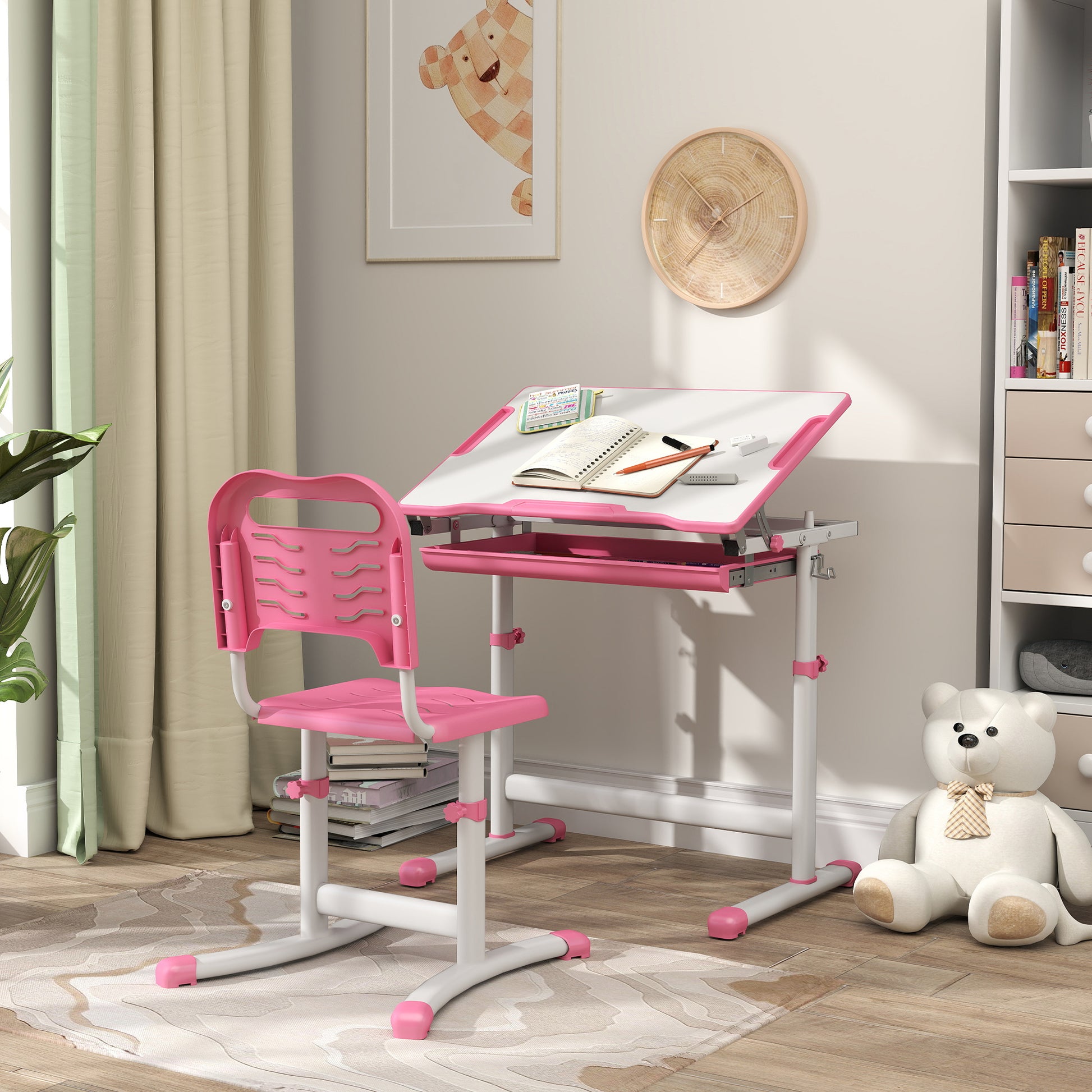 Height Adjustable Study Table and Chair Set with Drawer, Pen Slot, Tiltable Desktop, Hook, Pink Kids Desk Sets   at Gallery Canada