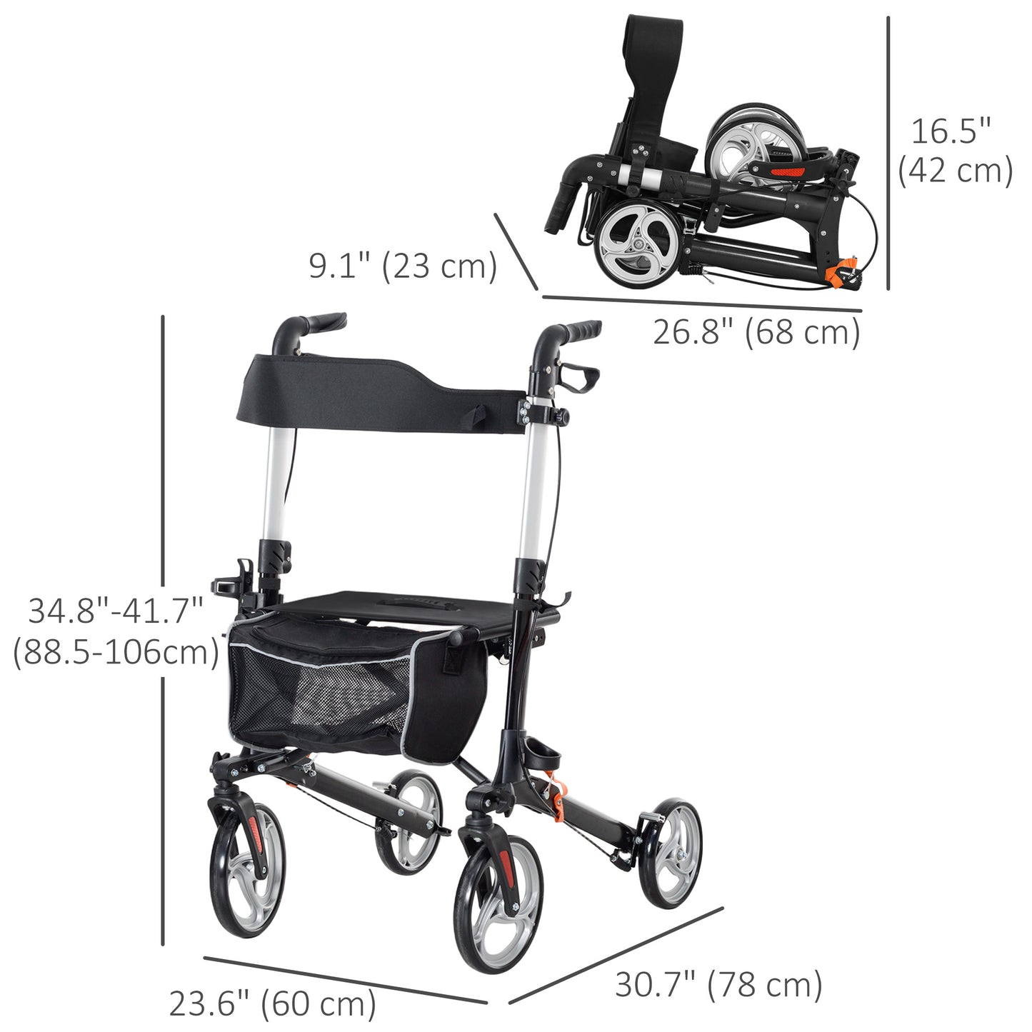 Lightweight Folding Rolling Walker with Large Seat, Back, Adjustable Handle, Bag, Dual Brake, Cane Holder, Black Knee Walker & Wheelchair Ramps at Gallery Canada