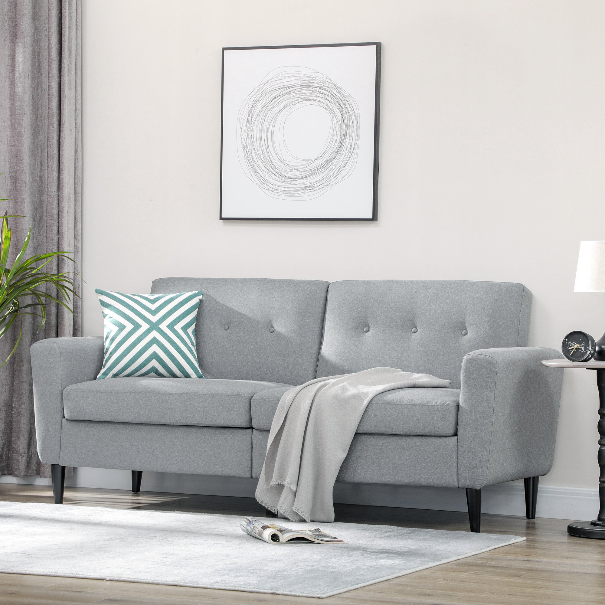 3 Seater Sofa, Upholstered Couch for Bedroom, Modern Sofa Settee with Padded Cushion, Button Tufting and Wood Legs for Living Room, Grey 3-Seater Sofas   at Gallery Canada