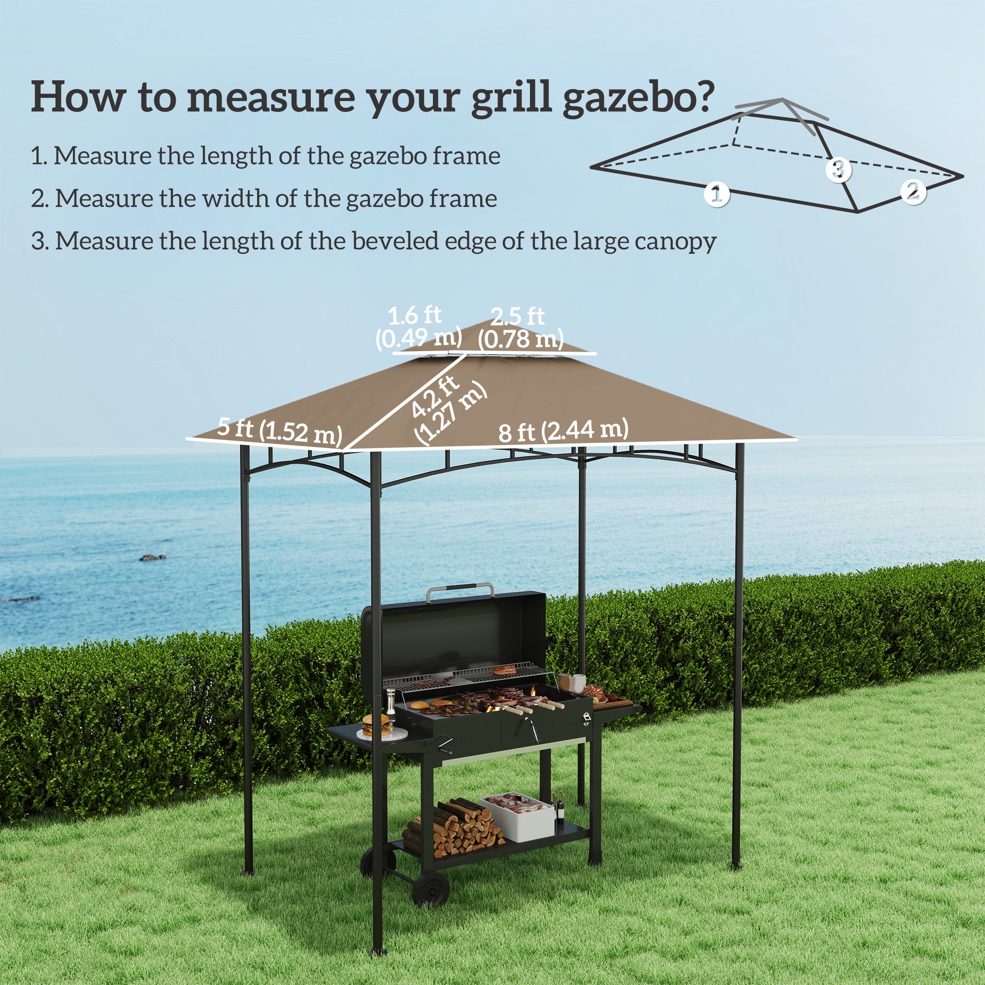 BBQ Gazebo Canopy Replacement Roof, 5' x 8' Grill Gazebo Roof with UPF50+ Double Tiered Top Cover, Khaki Gazebo Canopy Replacement at Gallery Canada
