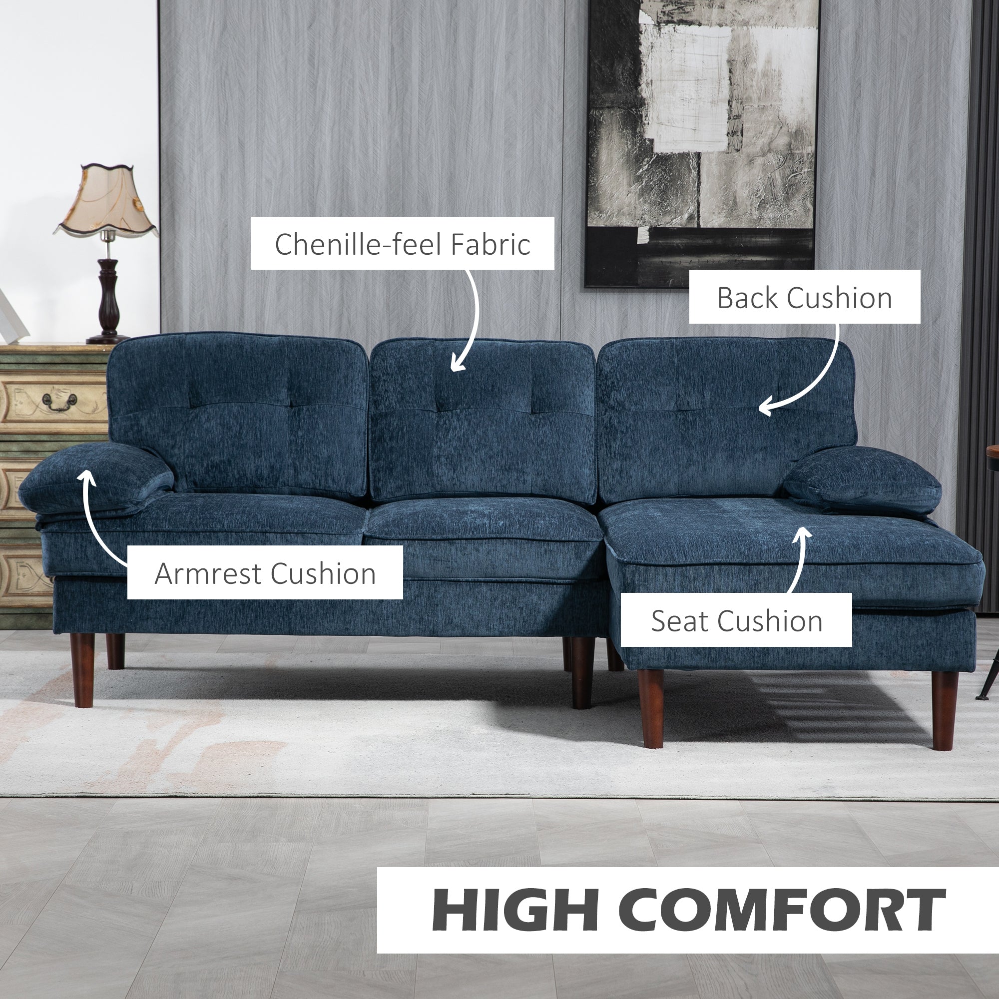 Modern Corner Couch with Right Chaise Lounge, Tufted 3-Seater Sofa with Wooden Legs for Living Room, Bedroom, Navy Blue 3-Seater Sofas   at Gallery Canada