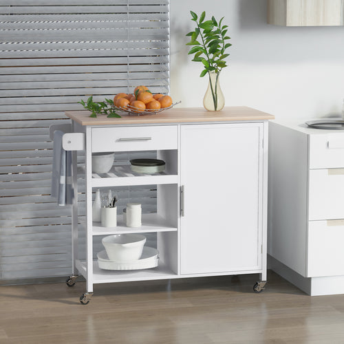 4-Tier Rolling Kitchen Island Utility Trolley Serving Cart Kitchen Storage Cart w/ Towel Rack, Butcher Block Countertop, Cabinet, Drawer, Shelves, White