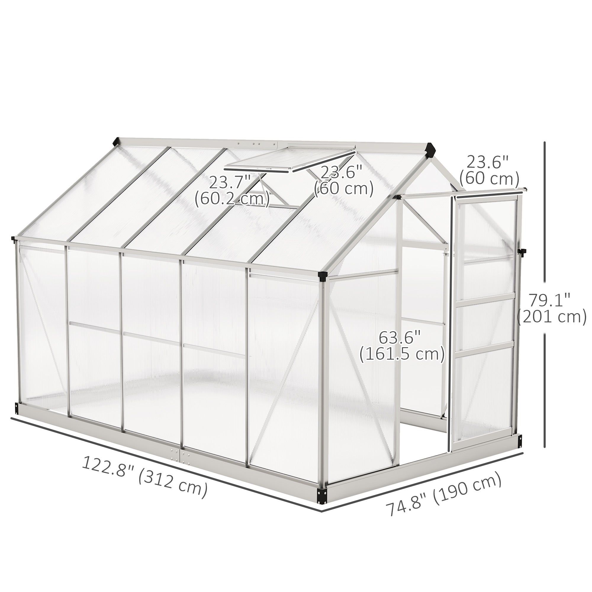 6' x 10' x 6.6' Polycarbonate Greenhouse, Walk-In Green House Kit Garden, Plants Grow, Galvanized Sheet Aluminum Frame with Rain Gutter, Vents and Sliding Door, Sliver Walk In Greenhouses at Gallery Canada