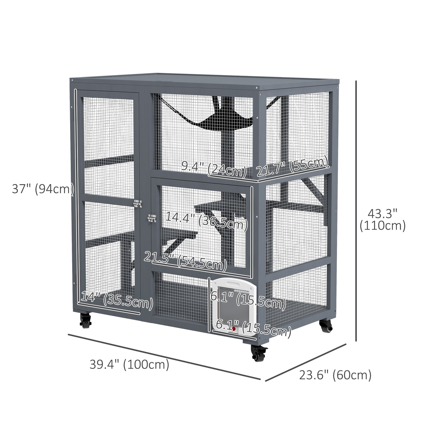 Cat Condo Wooden Indoor Cat House on Wheels with Cat Flap Door Platforms Hammock Openable Top for 2 Cats, Light Grey Outdoor Cat Enclosures   at Gallery Canada