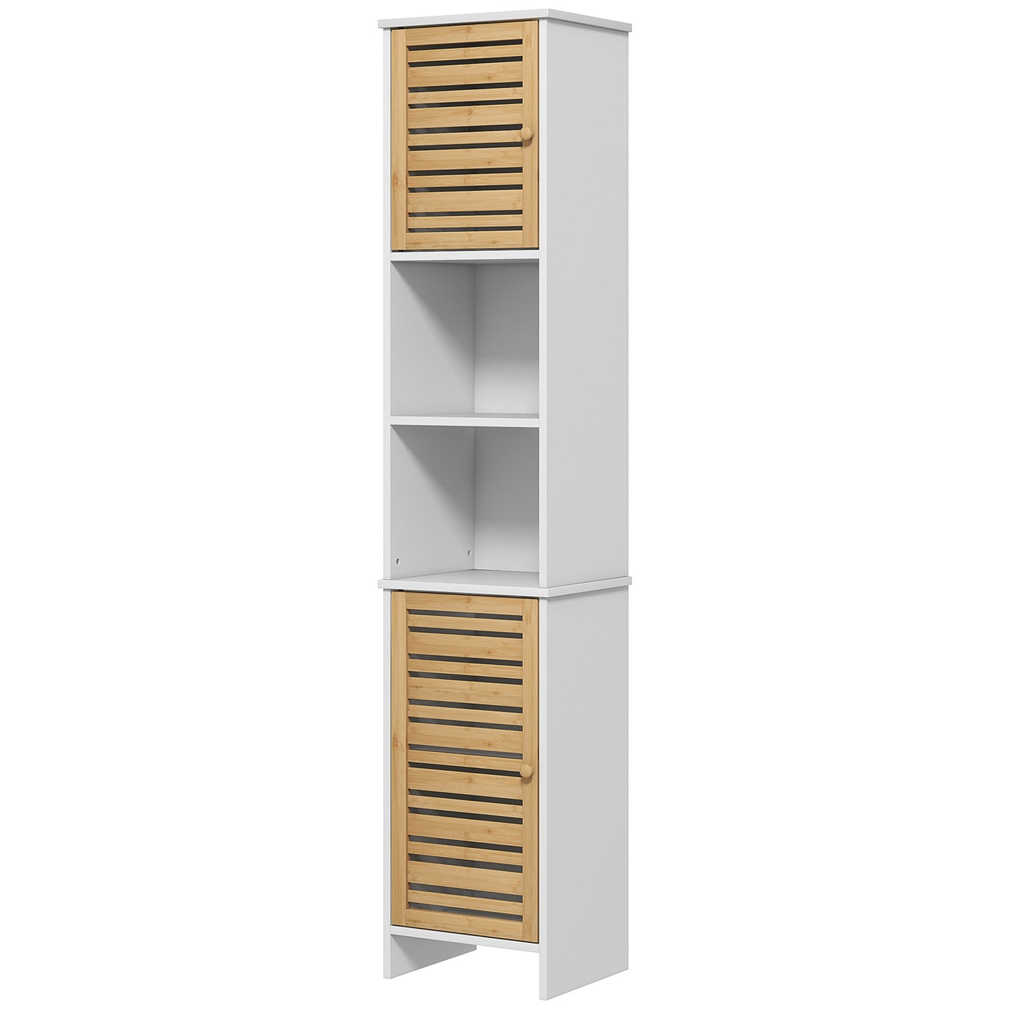 Tall Bathroom Cabinet with Bamboo Doors, Bathroom Storage Cabinet with Adjustable Shelves and Open Compartments, White Bathroom Cabinets   at Gallery Canada