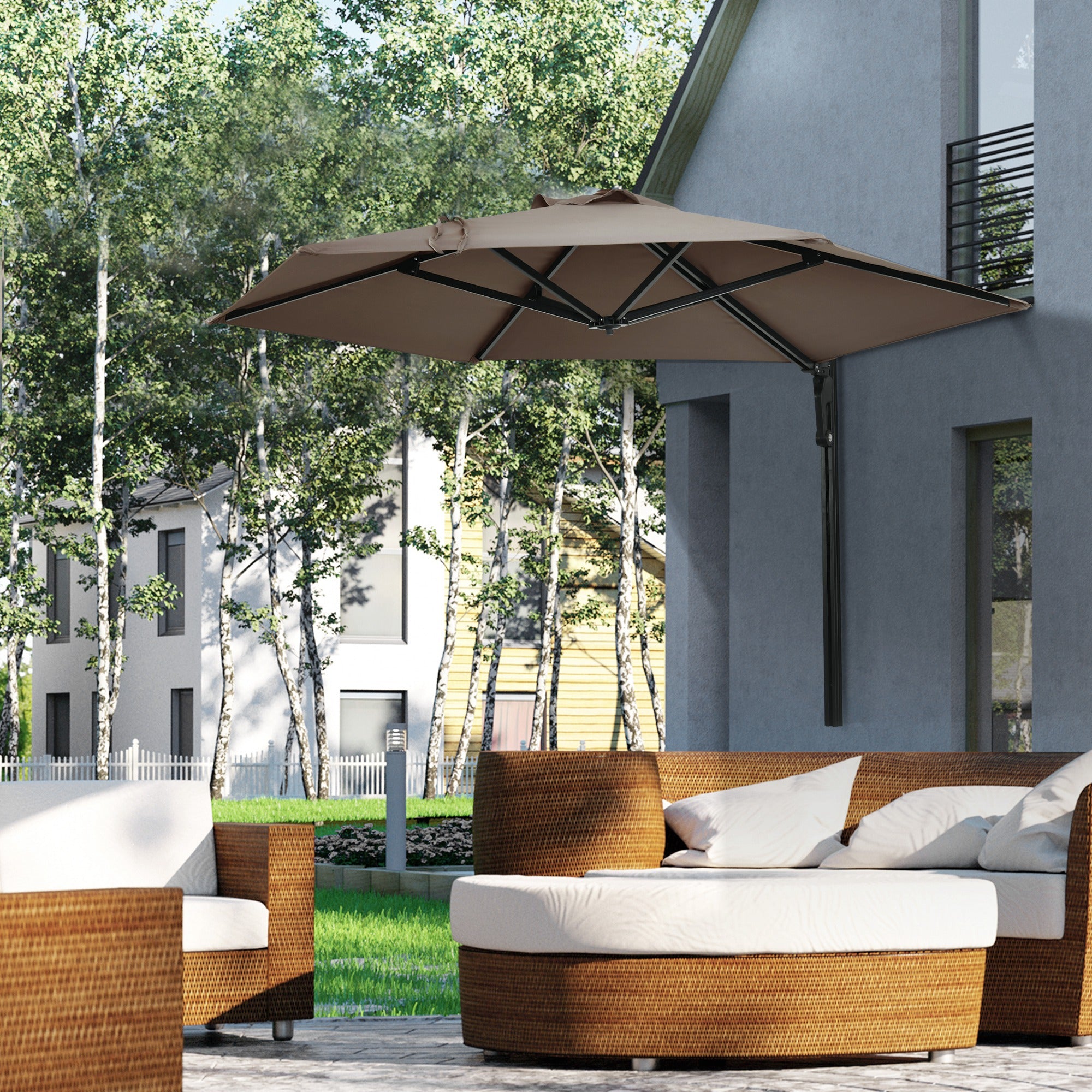 8 ft Wall Mounted Umbrella with 180° Rotatable Canopy, Patio Wall Parasol for Outdoor, Garden, Balcony, Yard, Khaki Sun Umbrellas at Gallery Canada