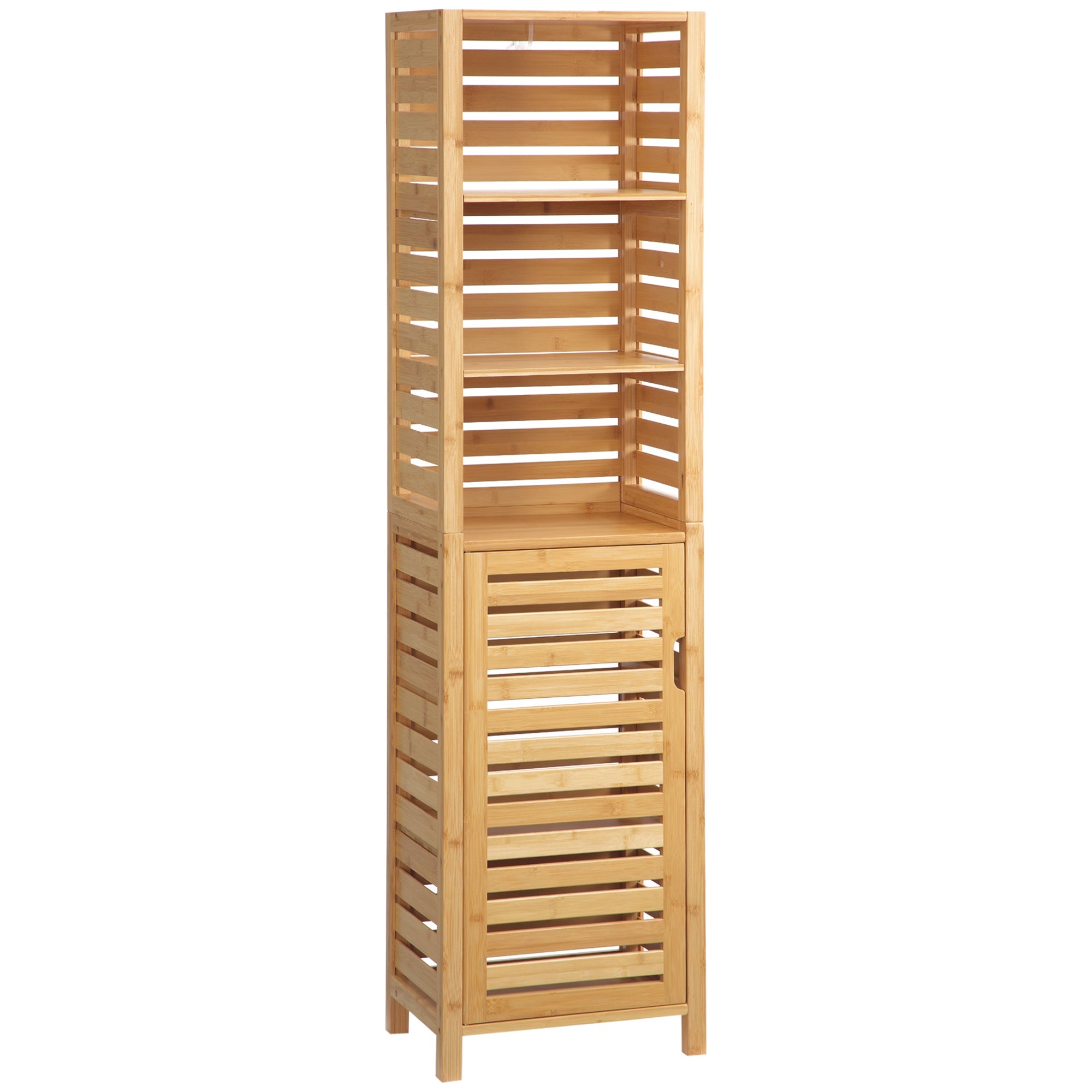 Tall Bathroom Storage Cabinet with 3 Open Shelves, Slim Bamboo Linen Tower Freestanding Linen Towel with Slatted Door, Natural Bathroom Cabinets Natural  at Gallery Canada