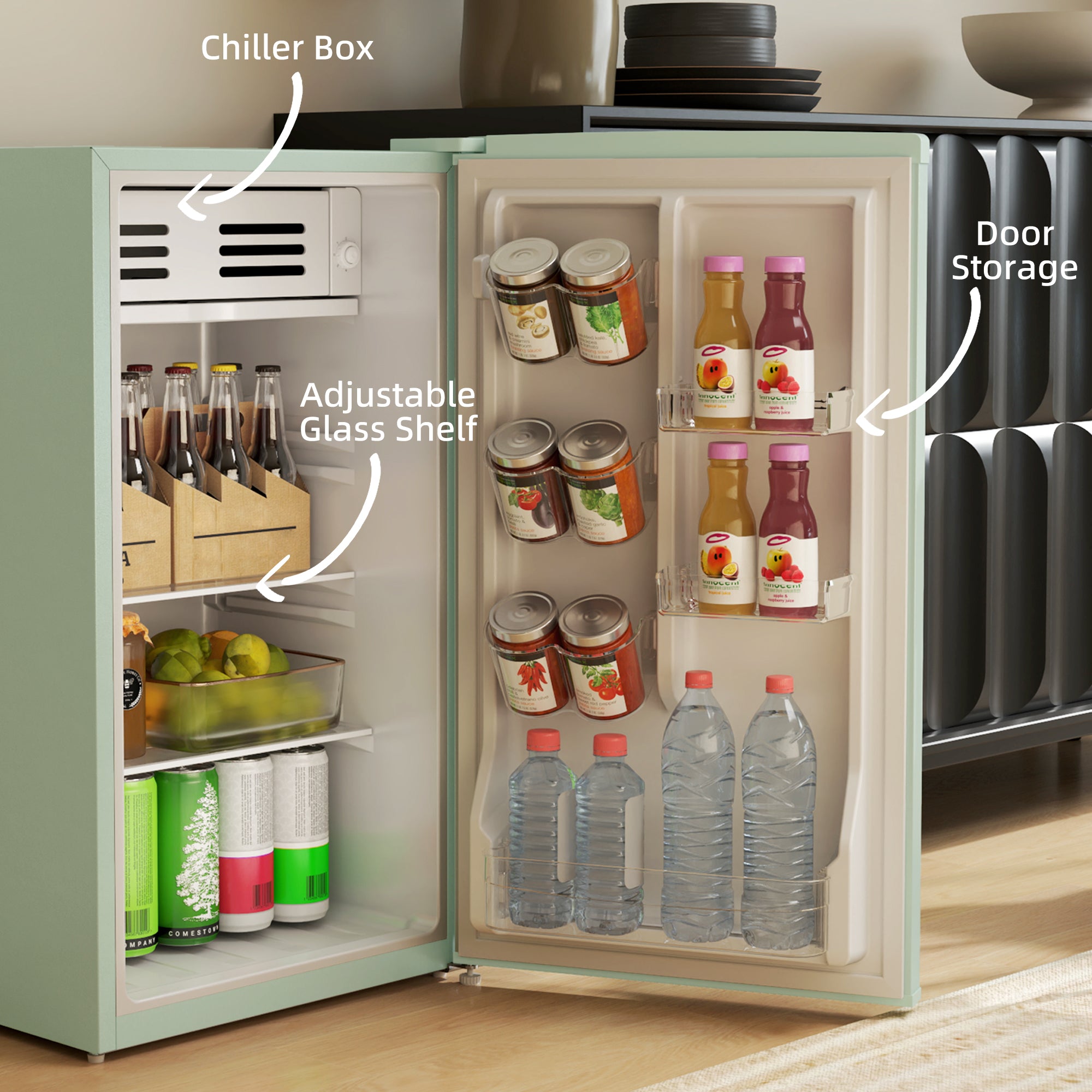 Retro Mini Fridge, 3.1 Cu. Ft Single Door Compact Refrigerator with Adjustable Thermostat, 2 Glass Shelves, Green Small Kitchen Appliances at Gallery Canada