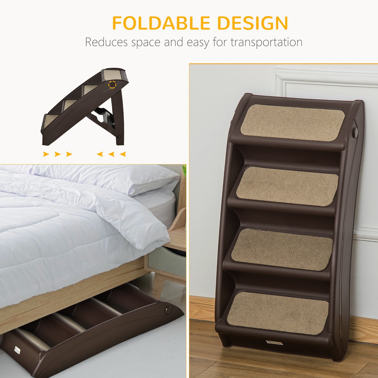 4-Level Portable Pet Stairs, Foldable Dog Ramp, Lightweight Cat Steps, with Nonslip Soft Mats, for High Bed, Sofa, Up to 44 lbs, Dark Brown Dog Stairs   at Gallery Canada