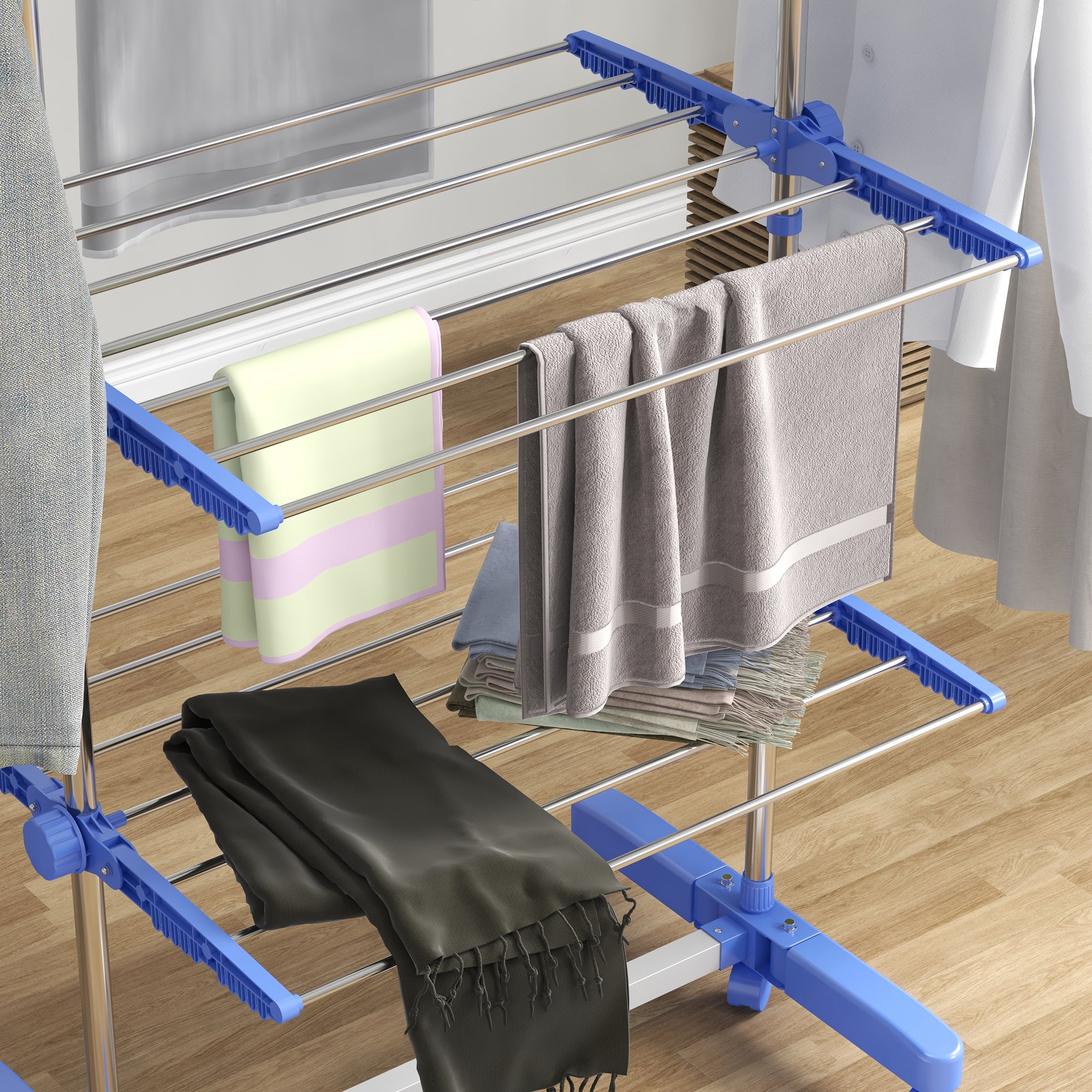 Garment Drying Rack Stainless Steel Folding Clothes Hanging Rack with Side Wings Castors for Indoor Outdoor Blue Bath Accessories   at Gallery Canada