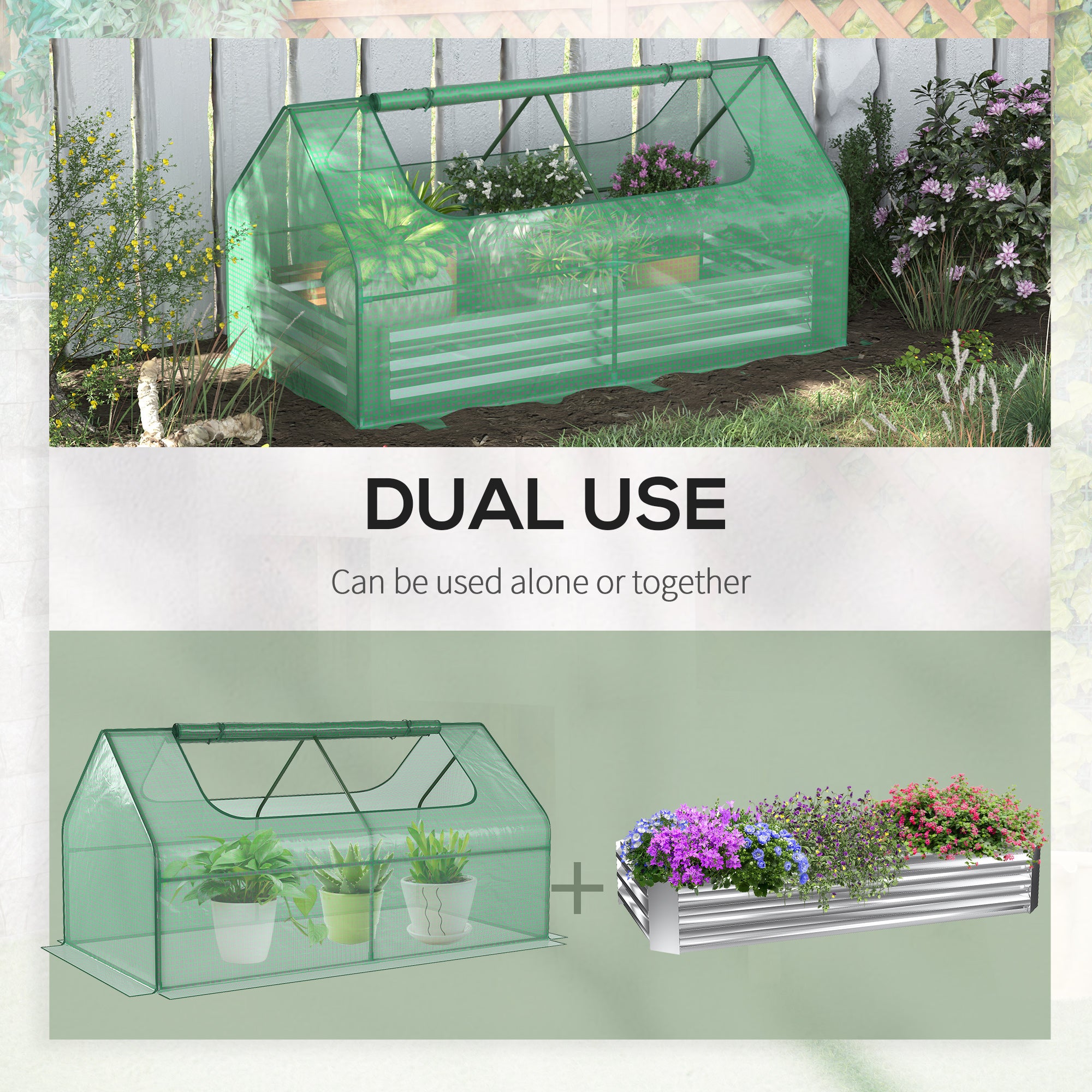 Greenhouse with Raised Garden Bed, Steel Outdoor Planter Box with Plastic Cover, Roll Up Window, Dual Use for Flowers, Vegetables and Herbs, 73