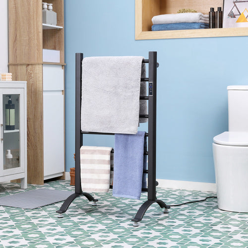 8-Bar Carbon Steel Electric Towel Warmer with Timer & LED, Wall/Freestanding, Black