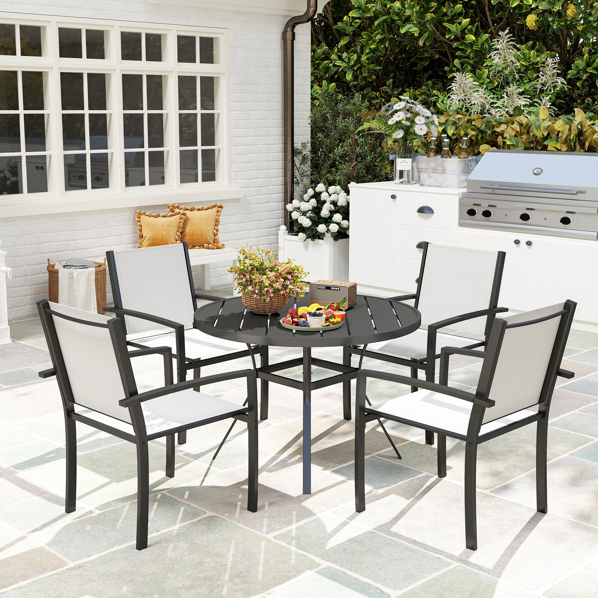 5 Piece Outdoor Dining Set with Round Table and 4 Stackable Chairs, for Backyard, Lawn, Deck, Balcony, Pool Side Outdoor Dining Sets at Gallery Canada