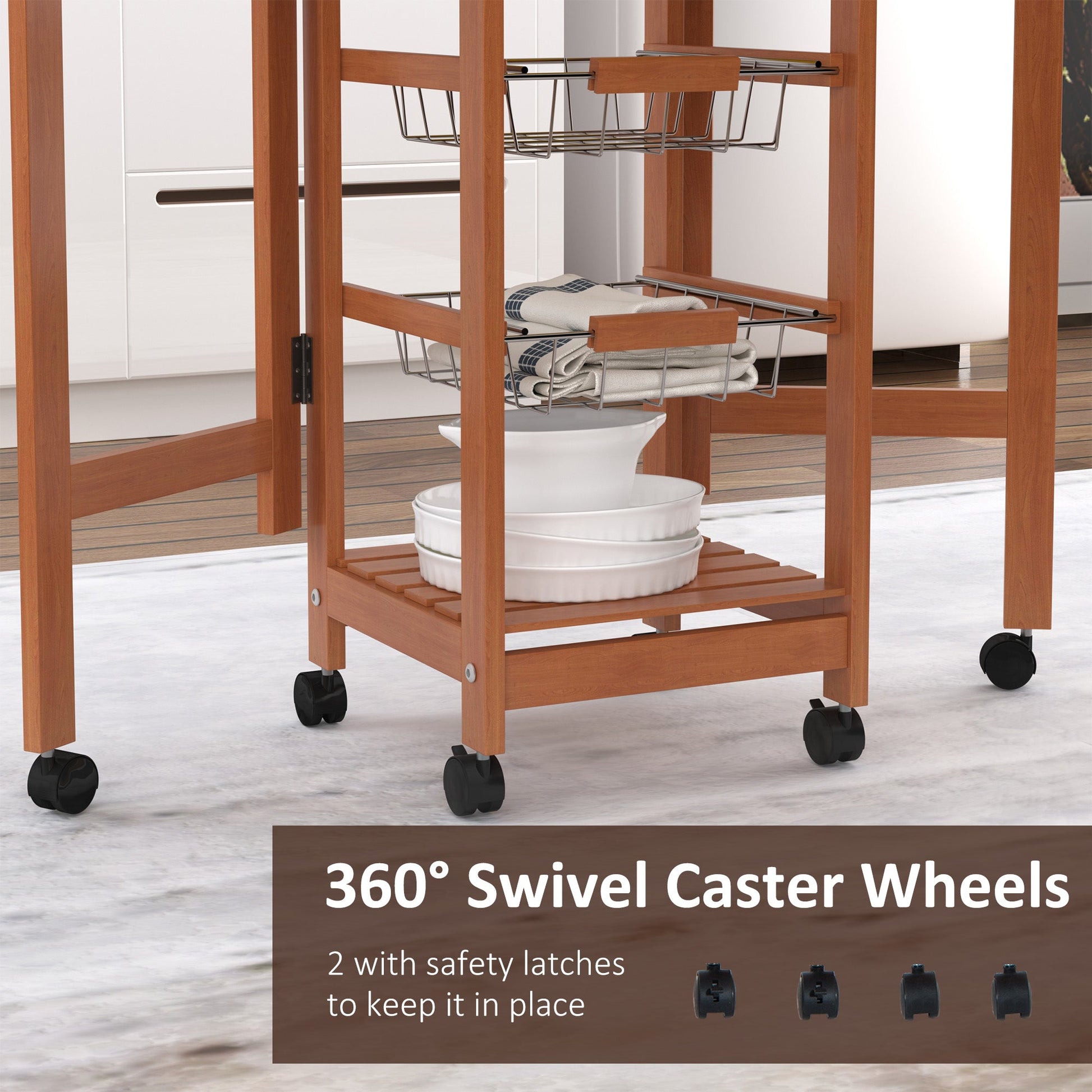 Wood 4 Tier Rolling Kitchen Trolley Cart with Storage Drawer Rack Basket Kitchen Islands & Kitchen Carts   at Gallery Canada