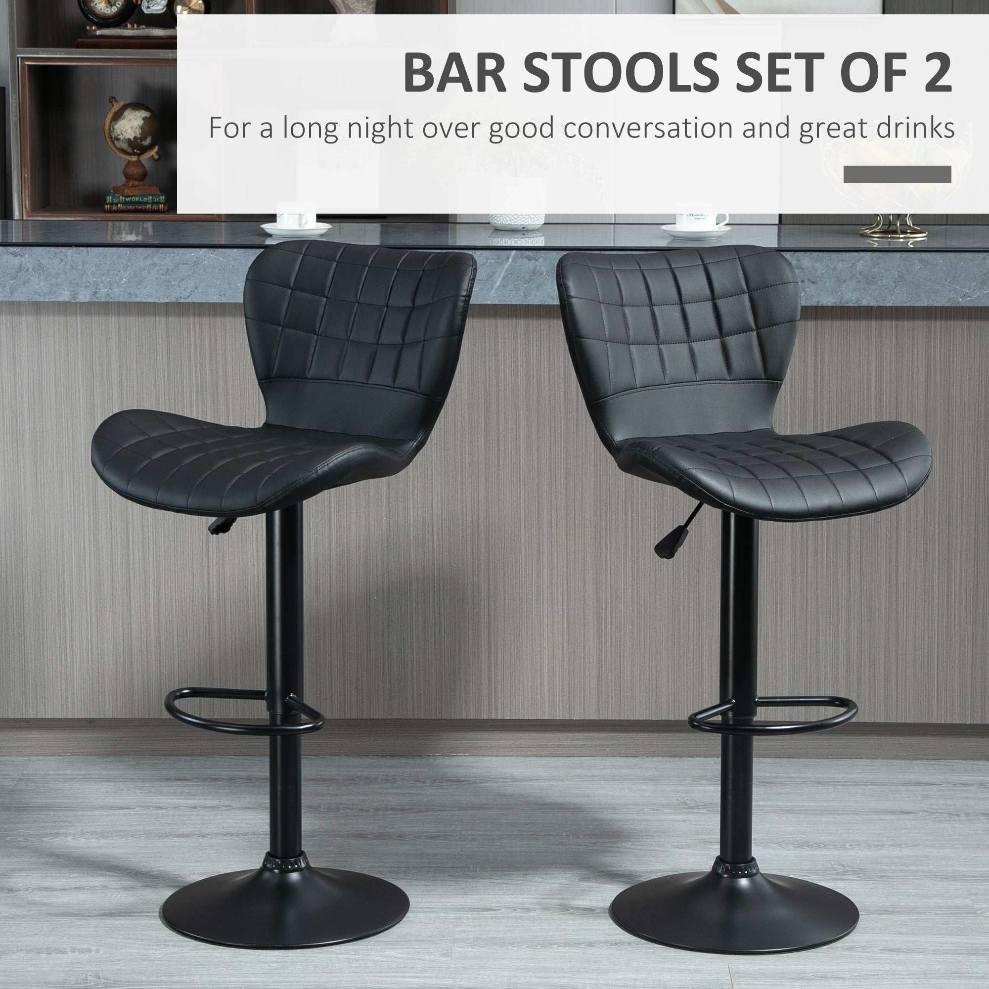 Bar Stools Set of 2 Adjustable Height Swivel Bar Chairs in PU Leather with Backrest &; Footrest, Black Bar Stools   at Gallery Canada