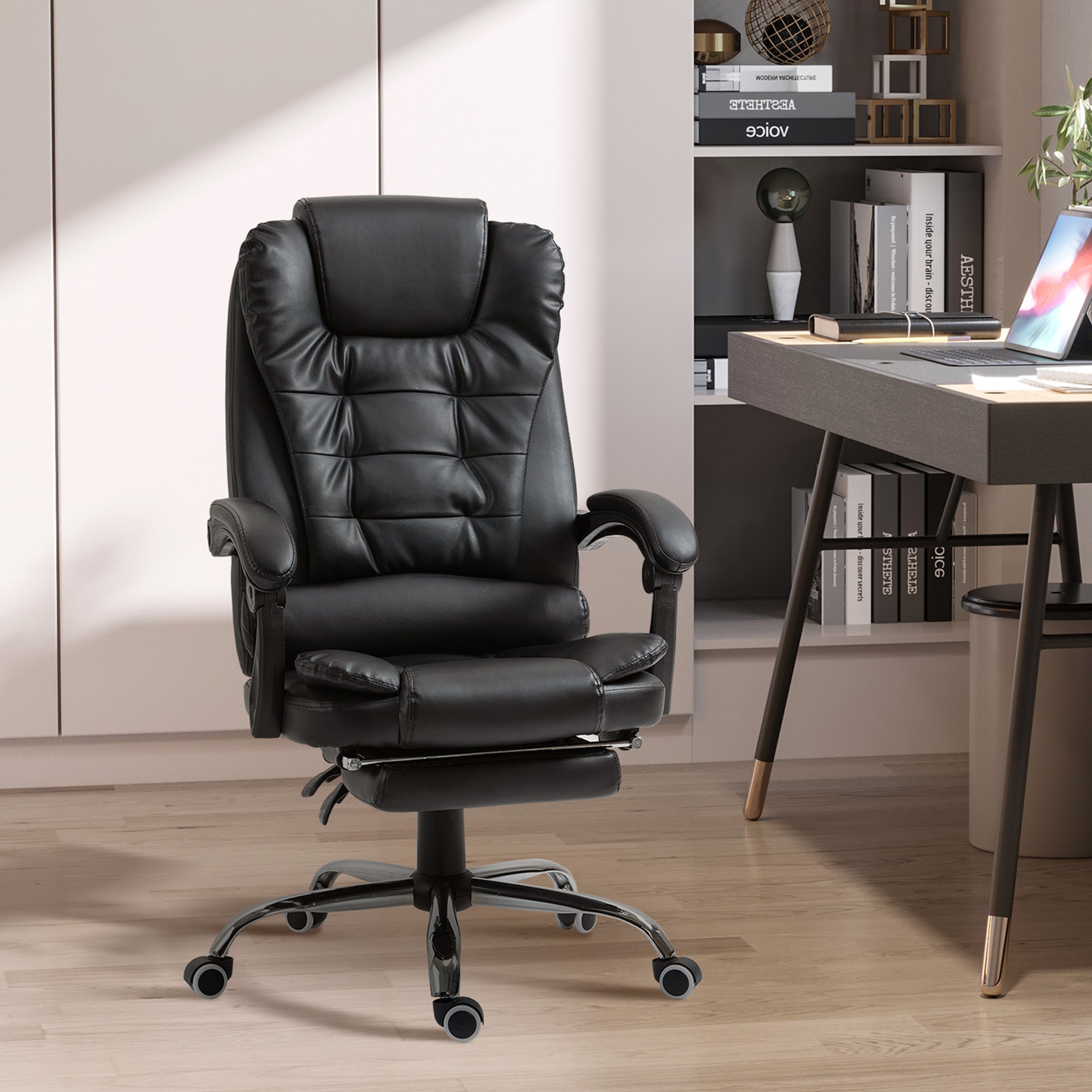 High Back Office Chair PU Leather Executive Office Chair with Retractable Footrest Padded Armrest Black Executive & Manager Chairs at Gallery Canada