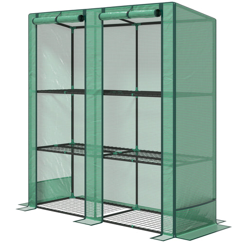 Lean-to Greenhouse with 3 Tier Shelves, Mini Greenhouse with 2 Roll-Up Doors for Indoor Outdoor, Green