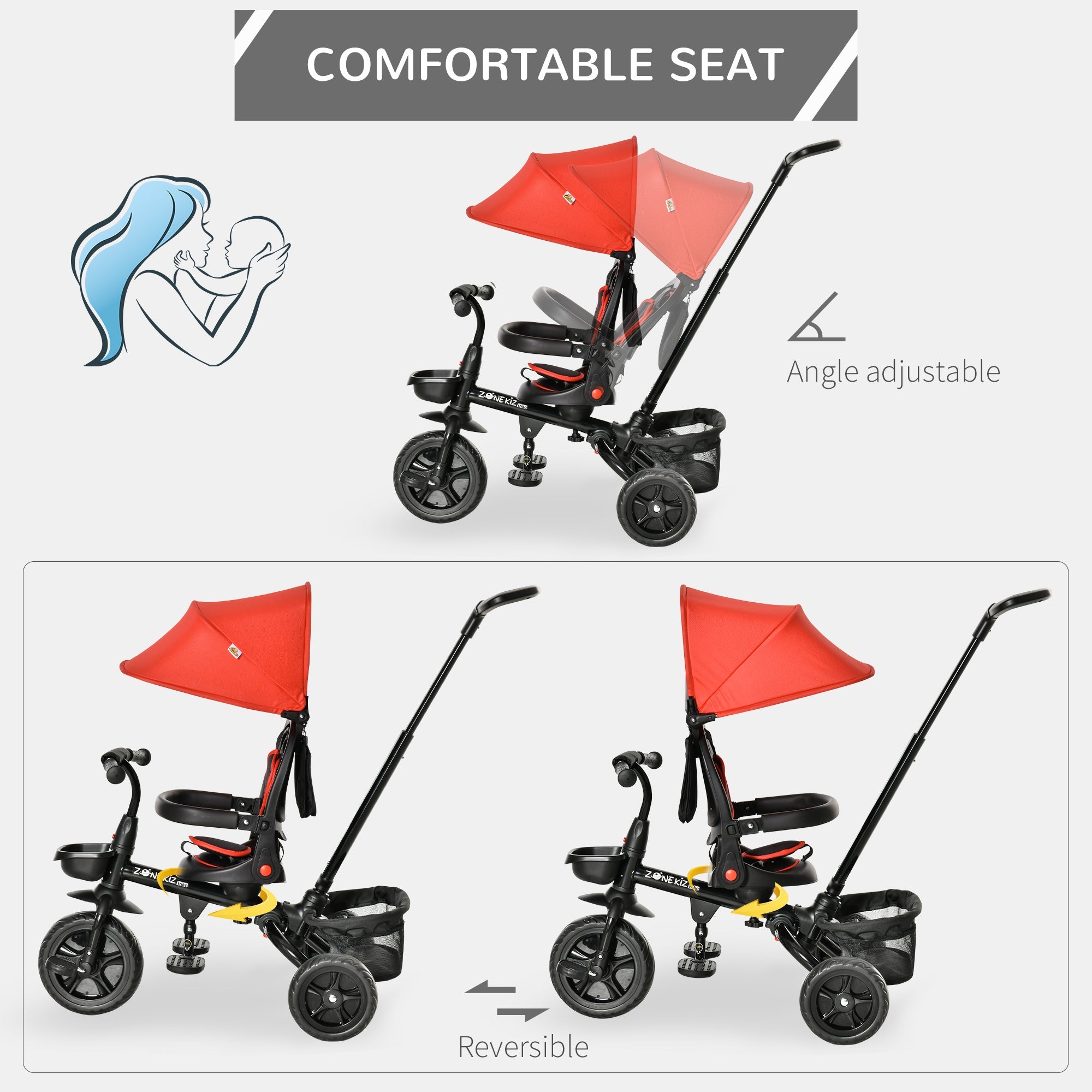 4-in-1 Baby Tricycle with Adjustable Seat, Handle, Canopy, Brake, Red Tricycles for Kids   at Gallery Canada